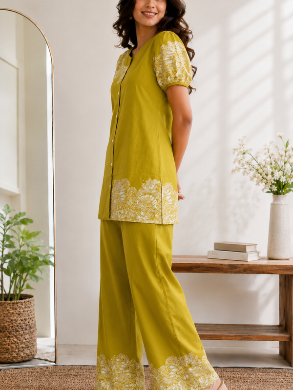 Women Mustard Printed Cotton Puff Sleeve Co-Ord Set