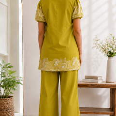 Women Mustard Printed Cotton Puff Sleeve Co-Ord Set