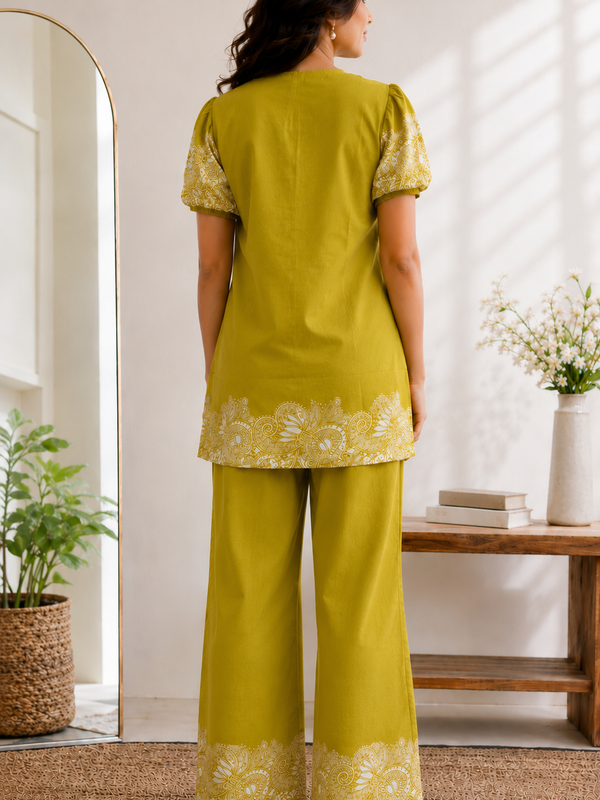 Women Mustard Printed Cotton Puff Sleeve Co-Ord Set