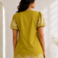 Women Mustard Printed Cotton Puff Sleeve Co-Ord Set