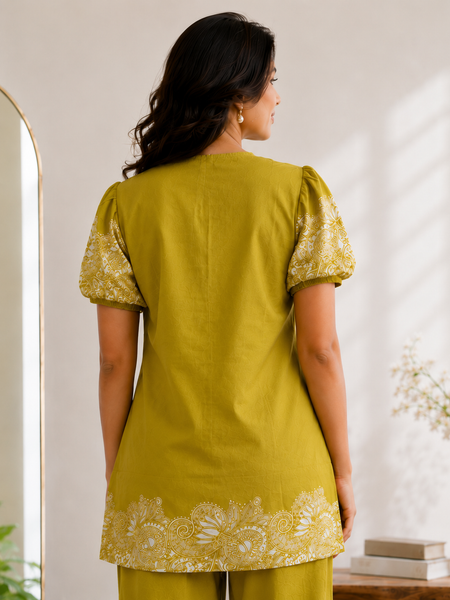 Women Mustard Printed Cotton Puff Sleeve Co-Ord Set