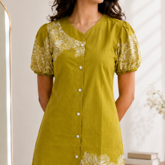 Women Mustard Printed Cotton Puff Sleeve Co-Ord Set