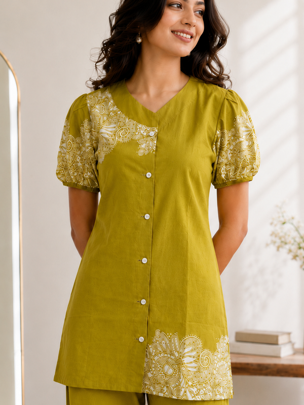 Women Mustard Printed Cotton Puff Sleeve Co-Ord Set