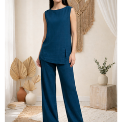 Indibelle Solid Teal Blue Linen Cotton Blend Co-ord Set