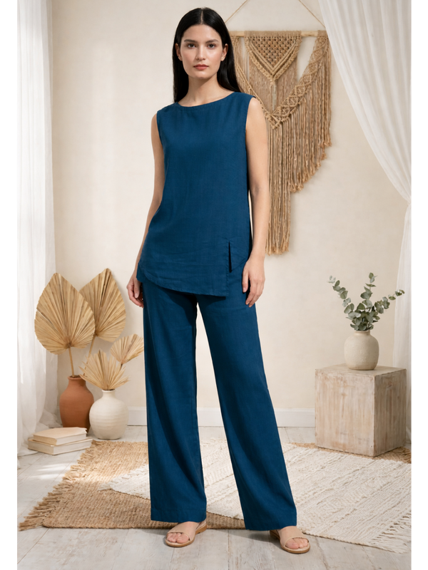 Indibelle Solid Teal Blue Linen Cotton Blend Co-ord Set