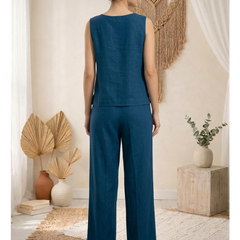 Indibelle Solid Teal Blue Linen Cotton Blend Co-ord Set