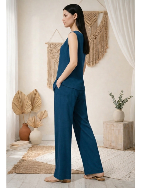 Indibelle Solid Teal Blue Linen Cotton Blend Co-ord Set