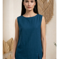 Indibelle Solid Teal Blue Linen Cotton Blend Co-ord Set