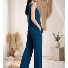 Indibelle Solid Teal Blue Linen Cotton Blend Co-ord Set