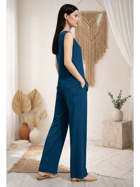 Indibelle Solid Teal Blue Linen Cotton Blend Co-ord Set