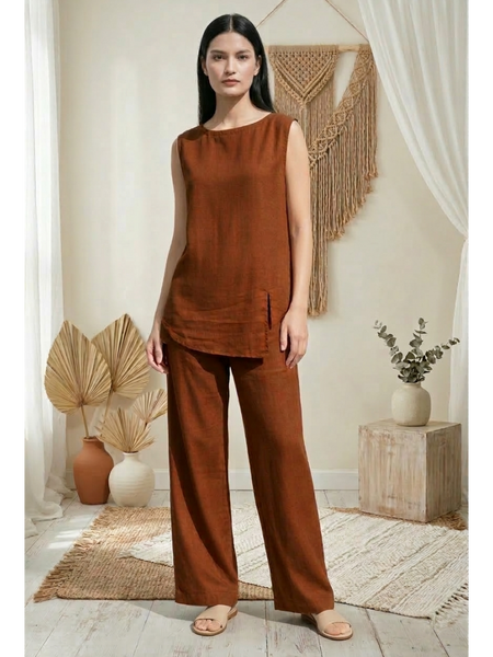 Indibelle Solid Rust Linen Cotton Blend Co-ord Set