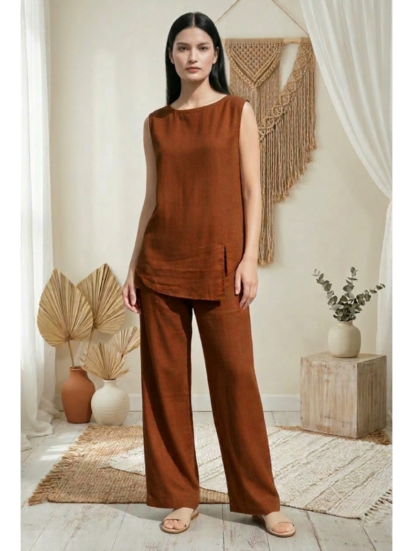 Indibelle Solid Rust Linen Cotton Blend Co-ord Set