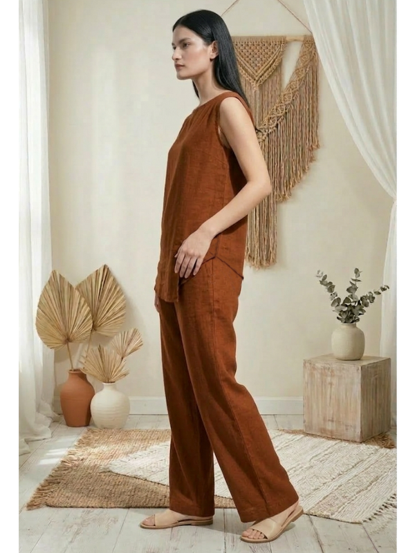 Indibelle Solid Rust Linen Cotton Blend Co-ord Set