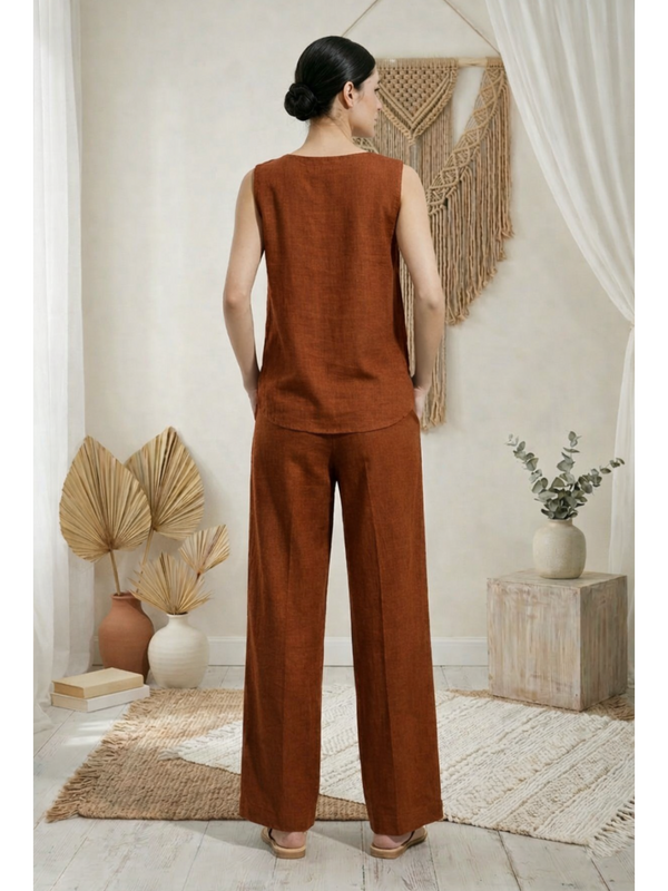 Indibelle Solid Rust Linen Cotton Blend Co-ord Set