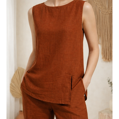 Indibelle Solid Rust Linen Cotton Blend Co-ord Set