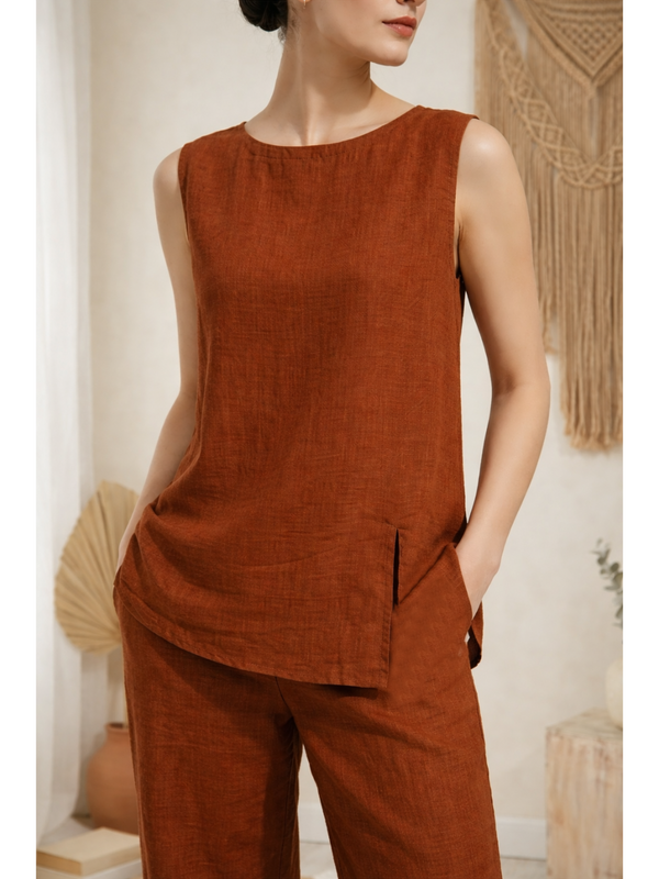 Indibelle Solid Rust Linen Cotton Blend Co-ord Set