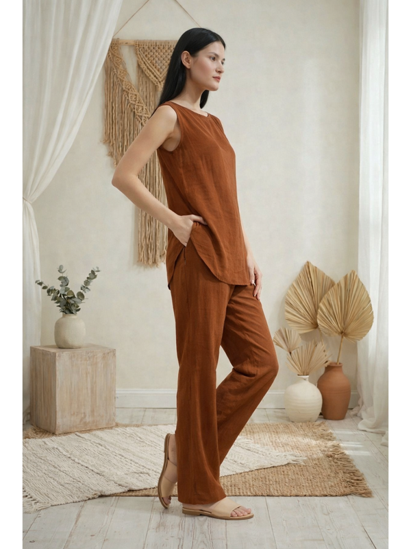 Indibelle Solid Rust Linen Cotton Blend Co-ord Set