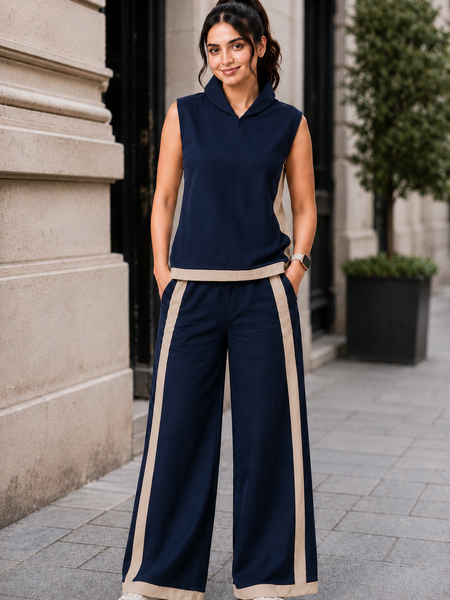 Indibelle Navy Blue Linen Blend Relaxed fit Co-ord Set