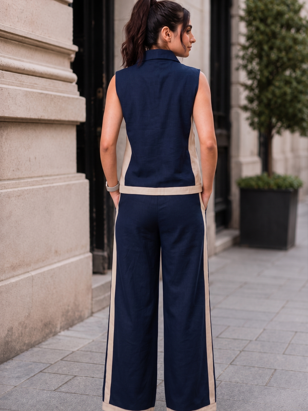 Indibelle Navy Blue Linen Blend Relaxed fit Co-ord Set