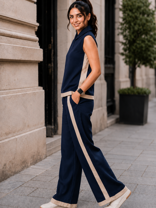 Indibelle Navy Blue Linen Blend Relaxed fit Co-ord Set