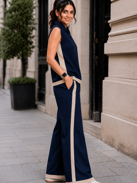 Indibelle Navy Blue Linen Blend Relaxed fit Co-ord Set
