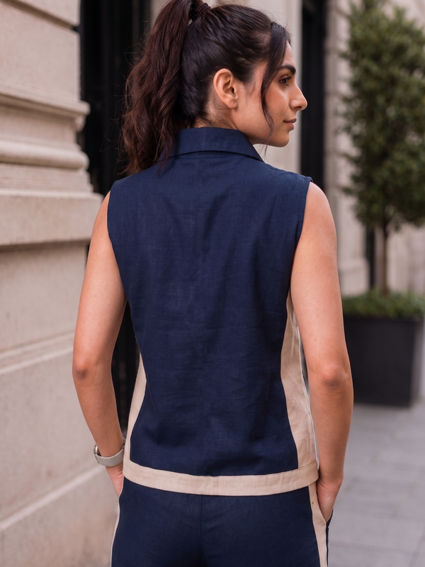Indibelle Navy Blue Linen Blend Relaxed fit Co-ord Set