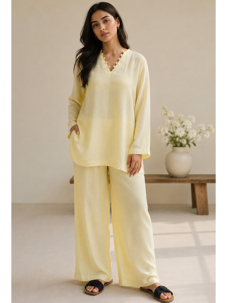 Indibelle Butter Yellow Wrinkle Rayon Relaxed-Fit Co-ord Set