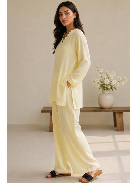 Indibelle Butter Yellow Wrinkle Rayon Relaxed-Fit Co-ord Set