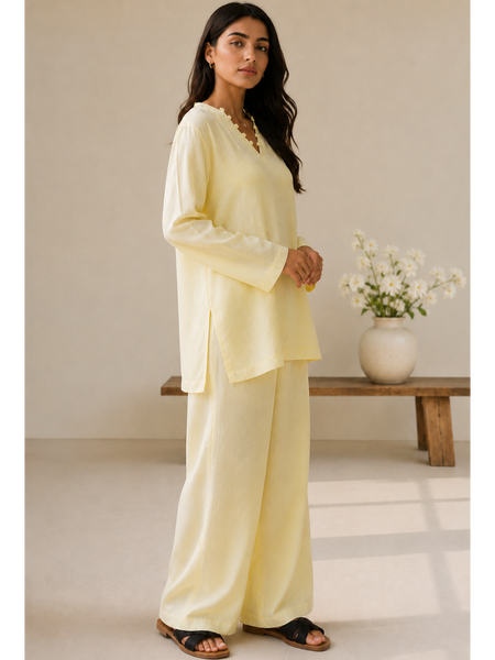 Indibelle Butter Yellow Wrinkle Rayon Relaxed-Fit Co-ord Set