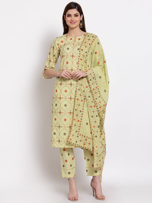 Indibelle Pista Green Cotton Floral Print Straight Kurta set 