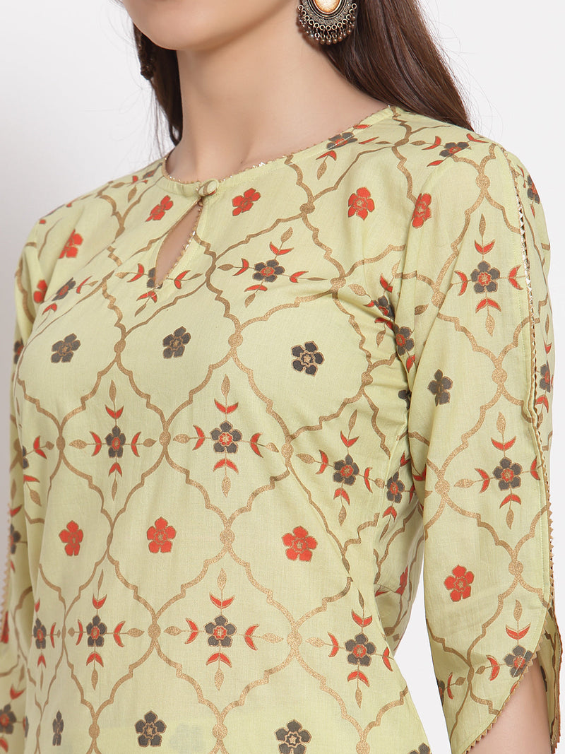 Indibelle Cotton Gold Foil Floral Print Straight Kurta set (Green)