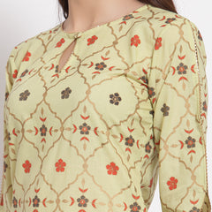 Indibelle Cotton Gold Foil Floral Print Straight Kurta set (Green)