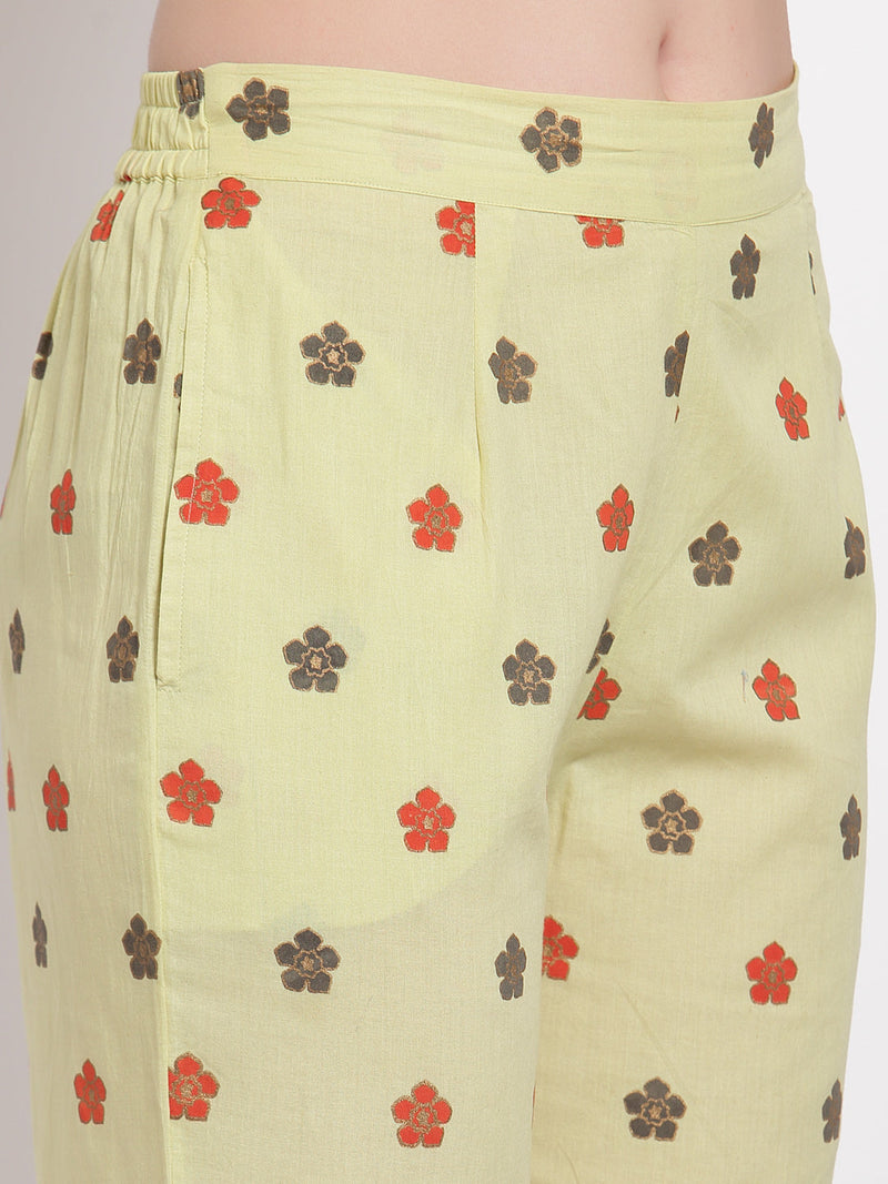 Indibelle Cotton Gold Foil Floral Print Straight Kurta set (Green)