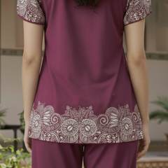 Women Purple Printed Cotton Puff Sleeve Co-Ord Set