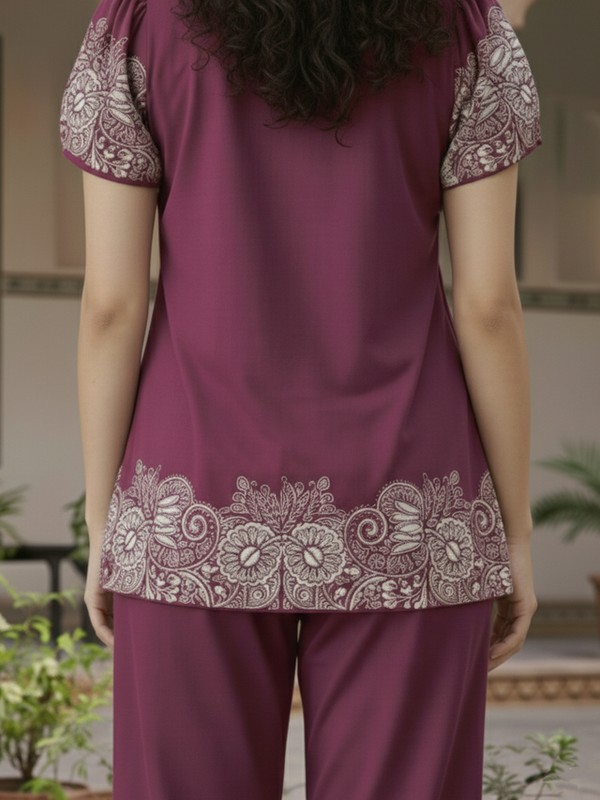 Women Purple Printed Cotton Puff Sleeve Co-Ord Set