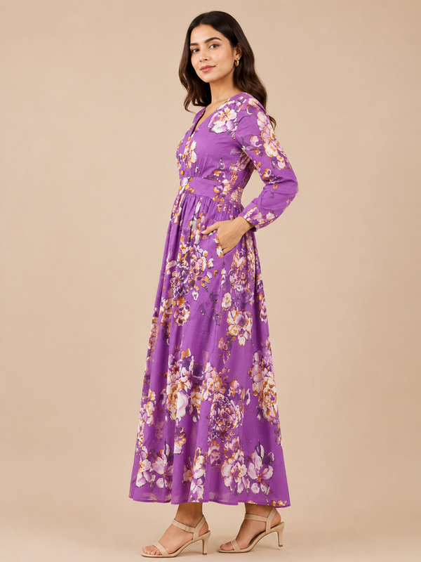 Indibelle Women's Floral Printed Cotton Maxi Dress