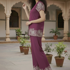 Women Purple Printed Cotton Puff Sleeve Co-Ord Set