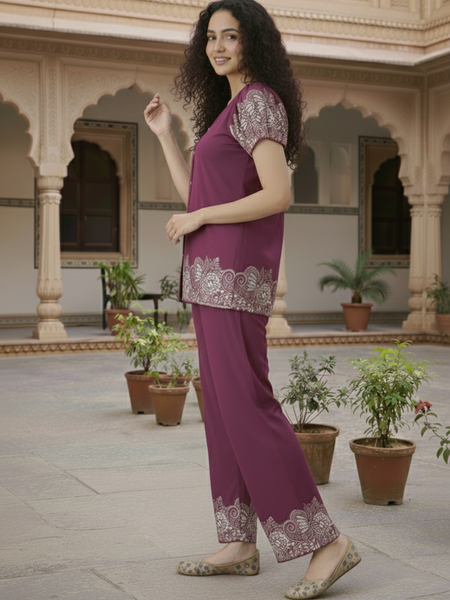 Women Purple Printed Cotton Puff Sleeve Co-Ord Set