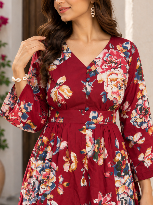 Indibelle Women's Floral Printed Cotton Maxi Dress