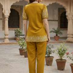 Women Mustard Printed Cotton Puff Sleeve Co-Ord Set