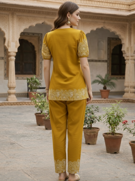 Women Mustard Printed Cotton Puff Sleeve Co-Ord Set