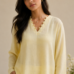 Indibelle Butter Yellow Wrinkle Rayon Relaxed-Fit Co-ord Set