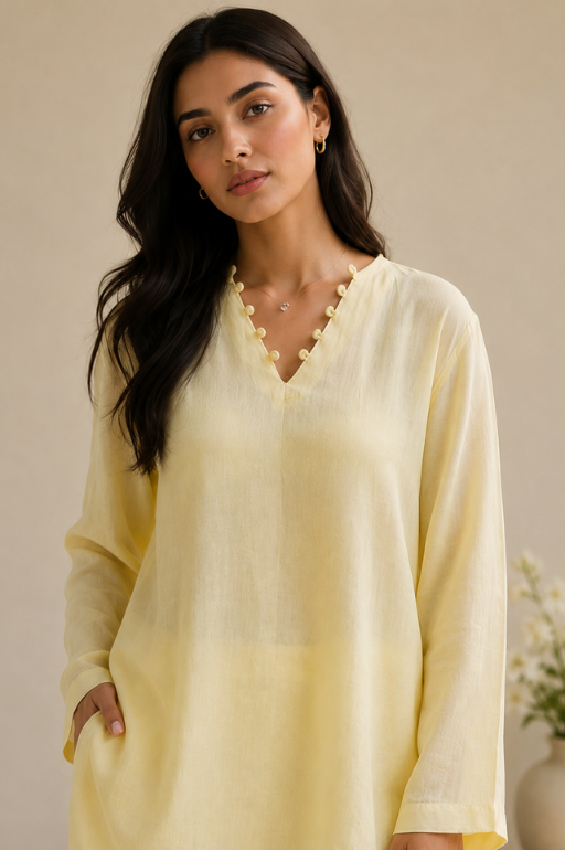 Indibelle Butter Yellow Wrinkle Rayon Relaxed-Fit Co-ord Set