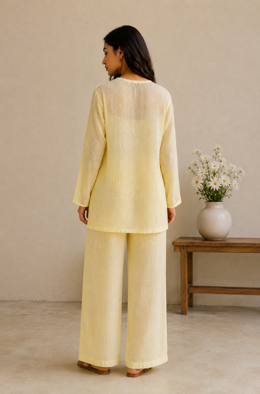 Indibelle Butter Yellow Wrinkle Rayon Relaxed-Fit Co-ord Set