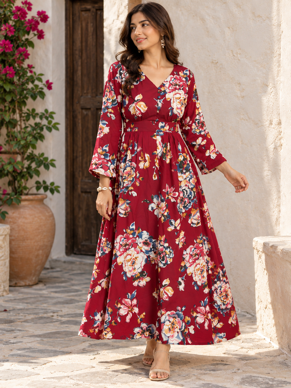 Indibelle Women's Floral Printed Cotton Maxi Dress