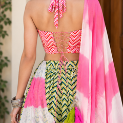 Pink And Green Printed Lehenga Set