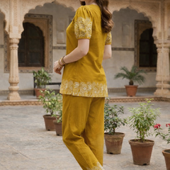 Women Mustard Printed Cotton Puff Sleeve Co-Ord Set