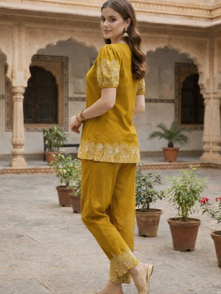 Women Mustard Printed Cotton Puff Sleeve Co-Ord Set