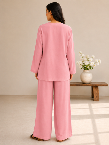 Indibelle Pastel Pink Wrinkle Rayon Relaxed-Fit Co-ord Set
