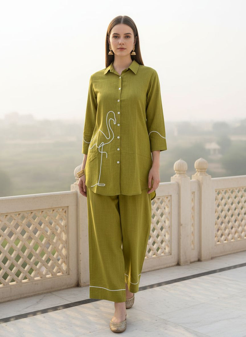 Indibelle Solid Green Cotton Slub Corded Embrodiary Co-ord Set